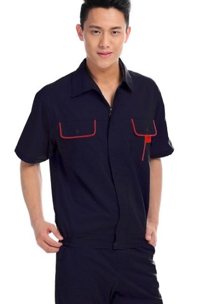 Đồng phục bảo hộ lao động – Quần áo bảo hộ lao động màu xanh đen phối đỏ tay ngắn 01