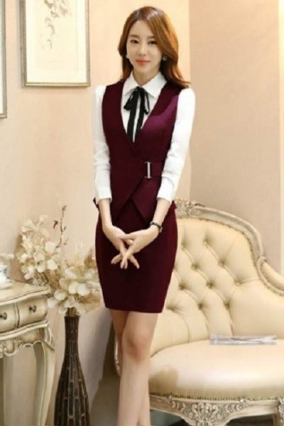 Đồng phục công sở – Ghi lê nữ màu đỏ đô 09