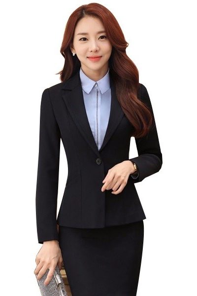 Đồng phục nhà hàng khách sạn – Đồng phục lễ tân váy đen, vest đen, áo sơ mi xanh 09
