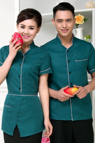 Đồng phục nhà hàng khách sạn – Đồng phục phục vụ quần tây đen áo xanh 13