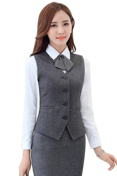 Đồng phục nhà hàng khách sạn – Đồng phục lễ tân váy xám, ghi lê xám, áo sơ mi trắng 12