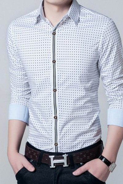Đồng phục công sở – Áo sơ mi nam màu trắng chấm bi đen 13