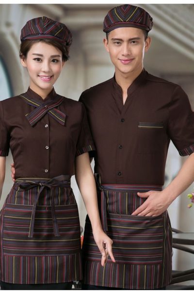 Đồng phục nhà hàng khách sạn – Đồng phục pha chế tạp dề sọc, áo sơ mi nâu 15