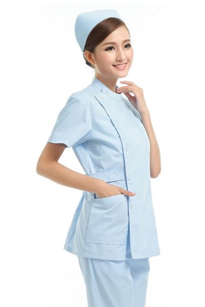 Đồng phục bệnh viện – Đồng phục y tá màu xanh cổ trụ kiểu tay ngắn 21