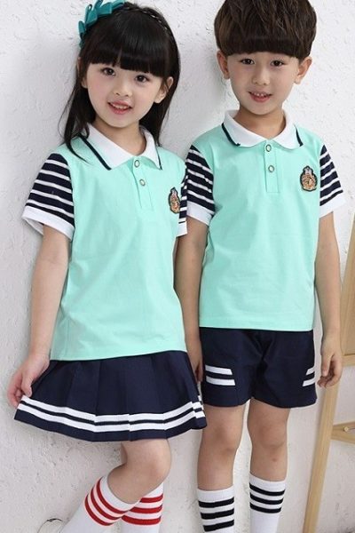 Đồng phục học sinh sinh viên – Đồng phục học sinh cấp váy, quần xanh đen phối sọc trắng, áo thun cổ trụ xanh ngọc phối tay sọc trắng đen I 04