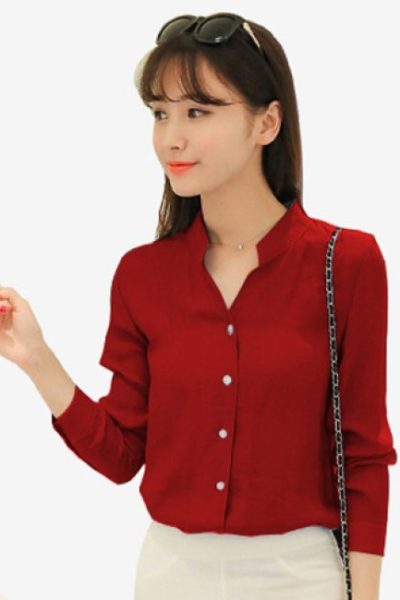 Đồng phục công sở – Áo sơ mi nữ tay dài màu đỏ đô 17