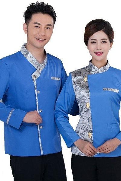Đồng phục nhà hàng khách sạn – Đồng phục tạp vụ áo xanh phối họa tiết quần đen 66