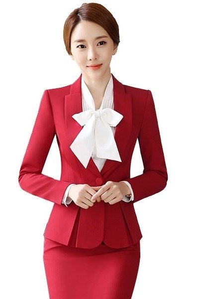 Đồng phục nhà hàng khách sạn – Đồng phục lễ tân áo vest đỏ chân váy body đỏ 32