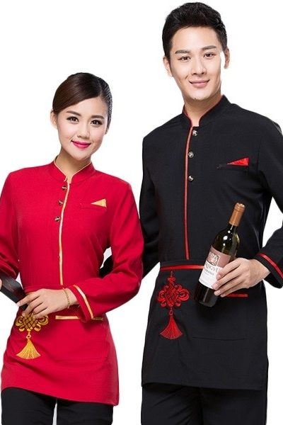 Đồng phục nhà hàng khách sạn – Đồng phục phục vụ áo, tạp dề nữ màu đỏ viền vàng, áo, tạp dề nam màu đen viền đỏ 53