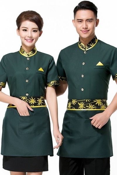 Đồng phục nhà hàng khách sạn – Đồng phục phục vụ áo, tạp dề xanh có phối họa tiết quần tây chân váy đen 63