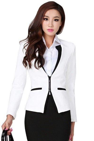 Đồng phục nhà hàng khách sạn – Đồng phục quản lý áo vest trắng viền đen có dây kéo chân váy đen 21