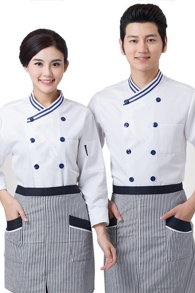 Đồng phục nhà hàng khách sạn – Đồng phục bếp áo trắng nút xanh viền xanh, tạp dề sọc đen trắng viền đen 35