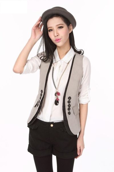 Đồng phục công sở – Áo ghi lê nữ màu xám viền đen 27