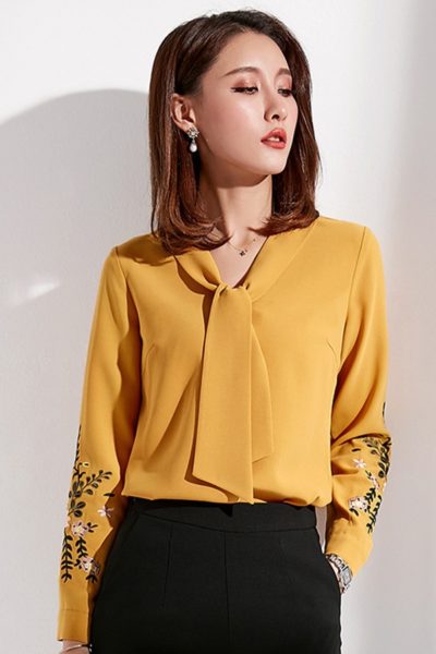 Đồng phục công sở – Áo sơ mi nữ tay dài họa tiết màu vàng 33