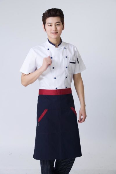 Đồng Phục Nhà Hàng Khách Sạn-Đồng Phục Bếp Tạp Dề Xanh Phối Đỏ, Áo Trắng Phối Xanh 94
