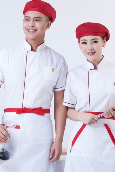 Đồng Phục Nhà Hàng Khách Sạn-Đồng Phục Bếp Màu Trắng Phối Đỏ 56