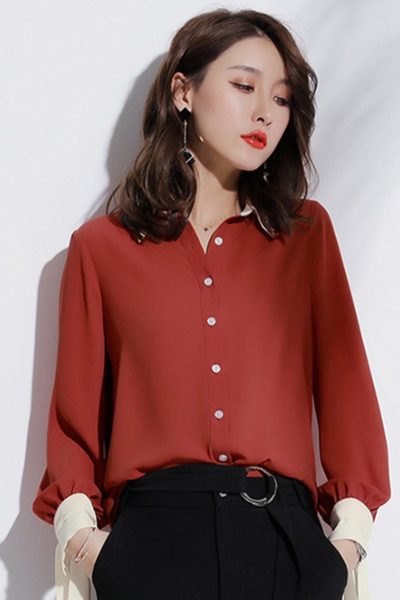 Đồng phục công sở – Áo sơ mi nữ tay dài đỏ phối trắng 29
