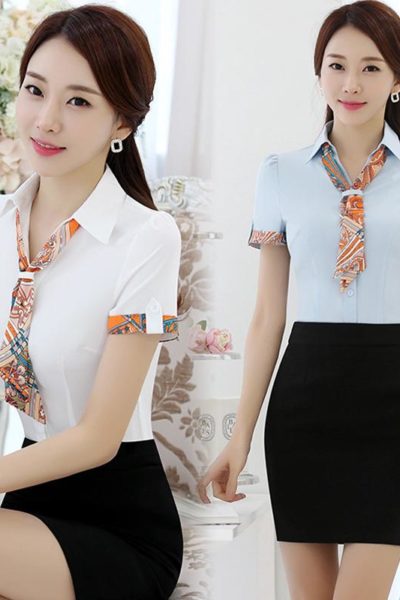 Đồng Phục Nhà Hàng Khách Sạn-Đồng Phục Lễ Tân Áo Sơ Mi Trắng, Xanh Phối Họa Tiết, Váy Đen 113