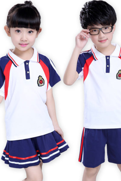 Đồng phục học sinh sinh viên – Đồng phục mầm non áo thun cổ trụ trắng phối đỏ xanh, quần váy xanh phối đỏ trắng 17
