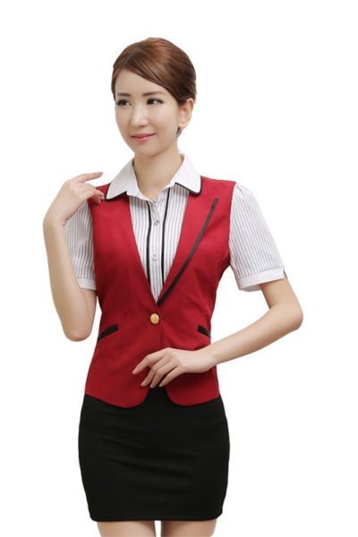 Đồng phục nhà hàng khách sạn – Đồng phục lễ tân gile đỏ, áo sơ mi 42