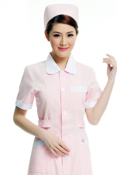 Đồng Phục Bênh Viện-Đồng Phục Y Tá Màu Hồng Phối Trắng Tay Ngắn 57