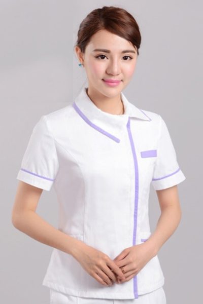 Đồng Phục Bênh Viện-Đồng Phục Y Tá Màu Trắng Phối Tím Tay Ngắn 60