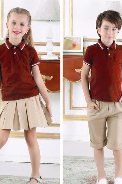 Đồng phục học sinh sinh viên – Đồng phục mầm non áo thun cổ trụ đỏ, quần váy kem 27