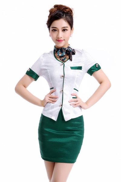Đồng phục nhà hàng khách sạn – Đồng phục lễ tân trắng phối xanh lá 65