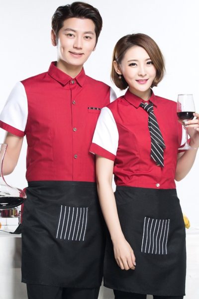 Đồng Phục Nhà Hàng Khách Sạn-Đồng Phục Pha Chế Tạp Dề Đen, Áo Sơ Mi Trắng Đỏ 52