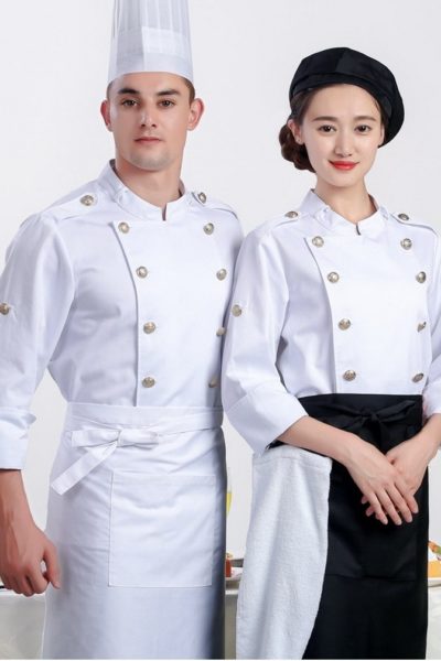 Đồng Phục Nhà Hàng Khách Sạn-Đồng Phục Bếp Tạp Dề Trắng (Đen), Áo Trắng 90