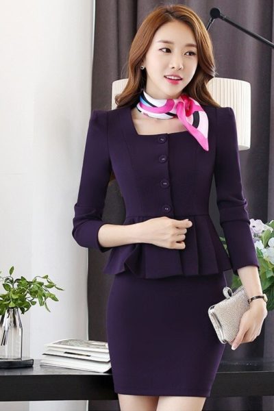 Đồng phục nhà hàng khách sạn – Đồng phục lễ tân  màu tím phối khăn cổ 74