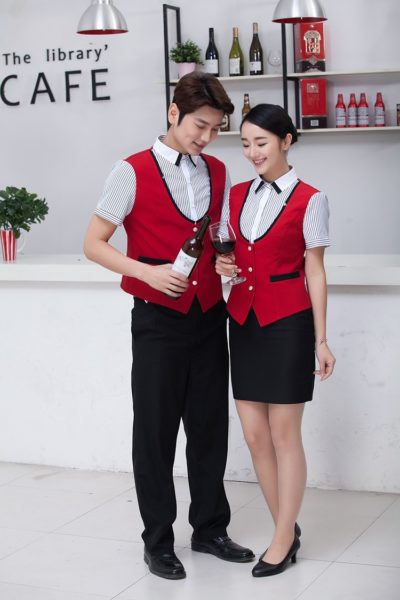 Đồng Phục Nhà Hàng Khách Sạn-Đồng Phục Quần Âu Đen, Áo Sơ Mi Sọc, Áo Gile Đỏ 47