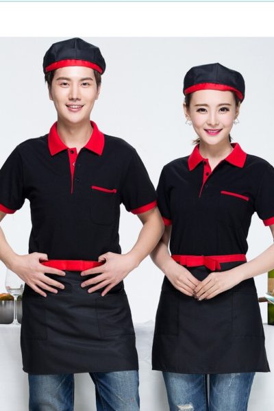 Đồng phục nhà hàng khách sạn – Đồng phục tạp vụ áo màu đen phối đỏ 87
