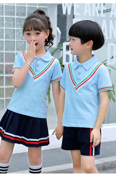 Đồng phục học sinh sinh viên – Đồng phục mầm non áo thun cổ trụ sọc xanh biển phối sọc, quần váy xanh đen phối sọc 37