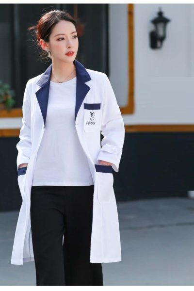 Đồng Phục Bệnh Viện-Đồng Phục Áo Blouse Nữ Màu Trắng Phối Xanh Đen Tay Dài 66
