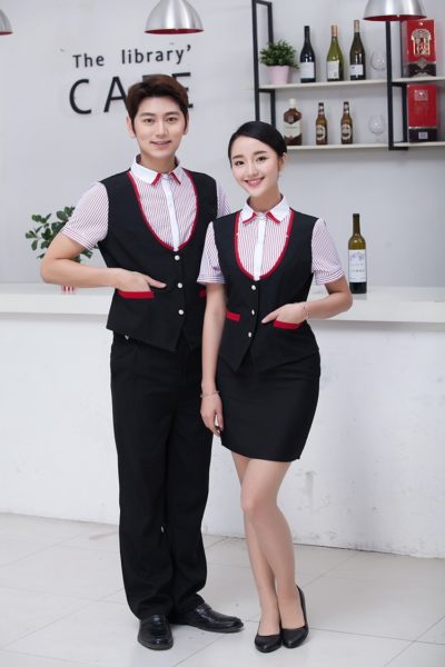 Đồng Phục Nhà Hàng Khách Sạn-Đồng Phục Quần Âu Đen, Áo Sơ Mi Sọc, Áo Gile Đen 46