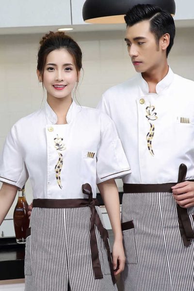 Đồng Phục Nhà Hàng Khách Sạn-Đồng Phục Bếp Tạp Dề Kẻ Sọc, Áo Trắng Có Họa Tiết 88