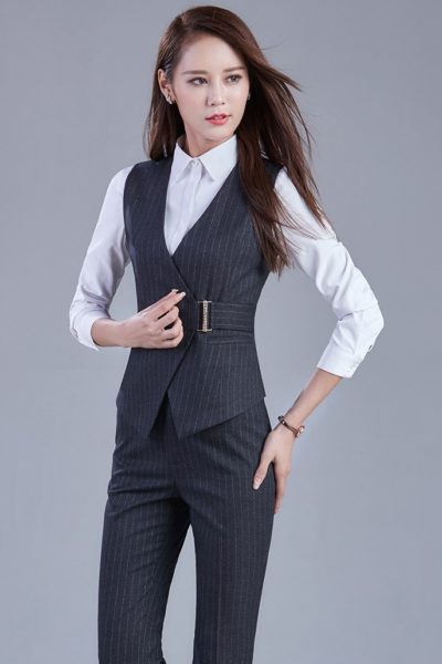 Đồng Phục Công Sở-Áo Gile Nữ Màu Xám Kẻ Sọc 73