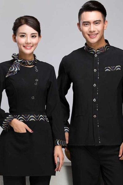 Đồng phục nhà hàng khách sạn – Đồng phục tạp vụ màu đen phối họa tiết 77