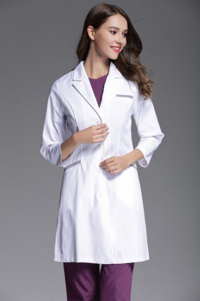 Đồng Phục Bệnh Viện-Đồng Phục Áo Blouse Nữ Màu Trắng Phối Xám Tay Dài 83
