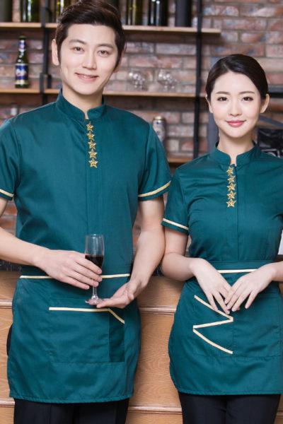 Đồng Phục Nhà Hàng Khách Sạn-Đồng Phục Pha Chế Màu Xanh Rêu Phối Vàng Có Họa Tiết 82