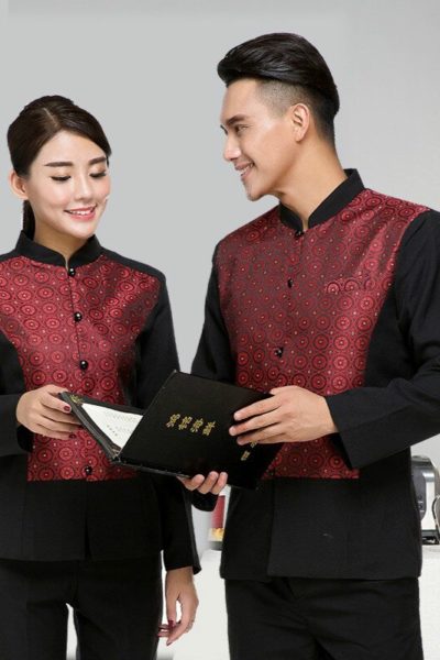 Đồng phục nhà hàng khách sạn – Đồng phục tạp vụ màu đen phối họa tiết đỏ 78