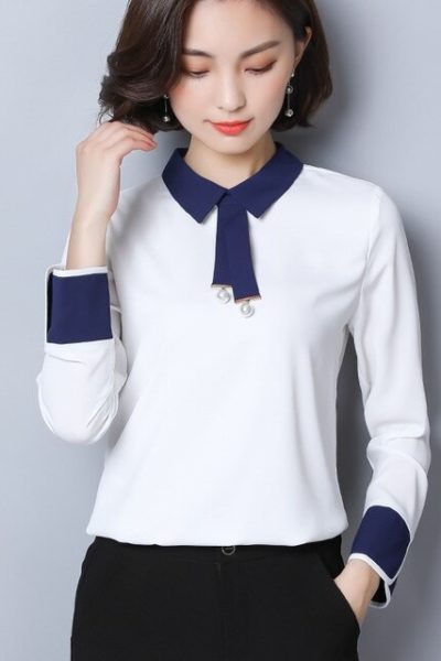 Đồng phục công sở – Áo sơ mi nữ tay dài xanh dương phối trắng 48