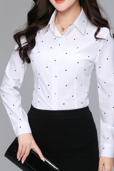 Đồng Phục Công Sở-Áo Sơ Mi Nữ Màu Trắng Chấm Bi Đen 59