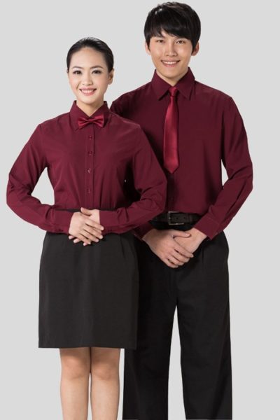 Đồng Phục Nhà Hàng Khách Sạn-Đồng Phục Pha Chế Quần Âu (Váy) Đen,Áo Sơ Mi Đỏ 56