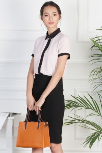 Đồng Phục Công Sở-Áo Sơ Mi Nữ Màu Kem Viền Đen 65