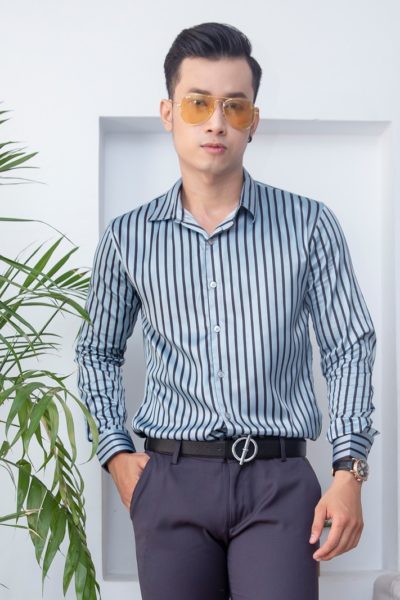 Đồng Phục Công Sở-Áo Sơ Mi Nam Mầu Xanh Sọc Đen 68