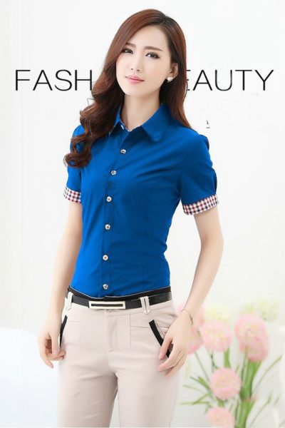 Đồng phục công sở – Áo sơ mi nữ ngắn tay màu xanh dương 109