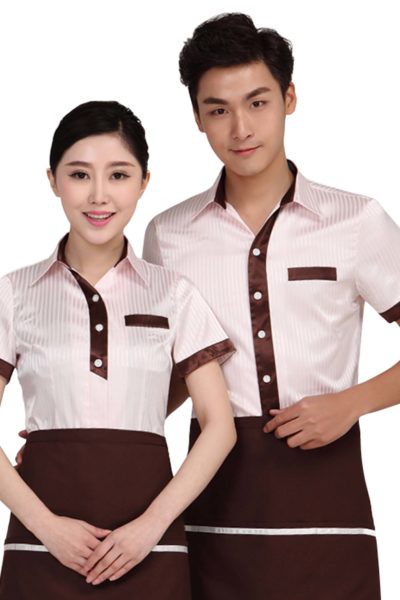 Đồng phục nhà hàng khách sạn – Đồng phục tạp vụ áo sơ mi trắng phối nâu, tạp dề nâu 76