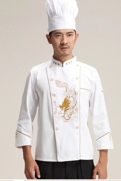 Đồng Phục Nhà Hàng Khách Sạn-Đồng Phục Bếp Màu Trắng Họa Tiết Vàng 76